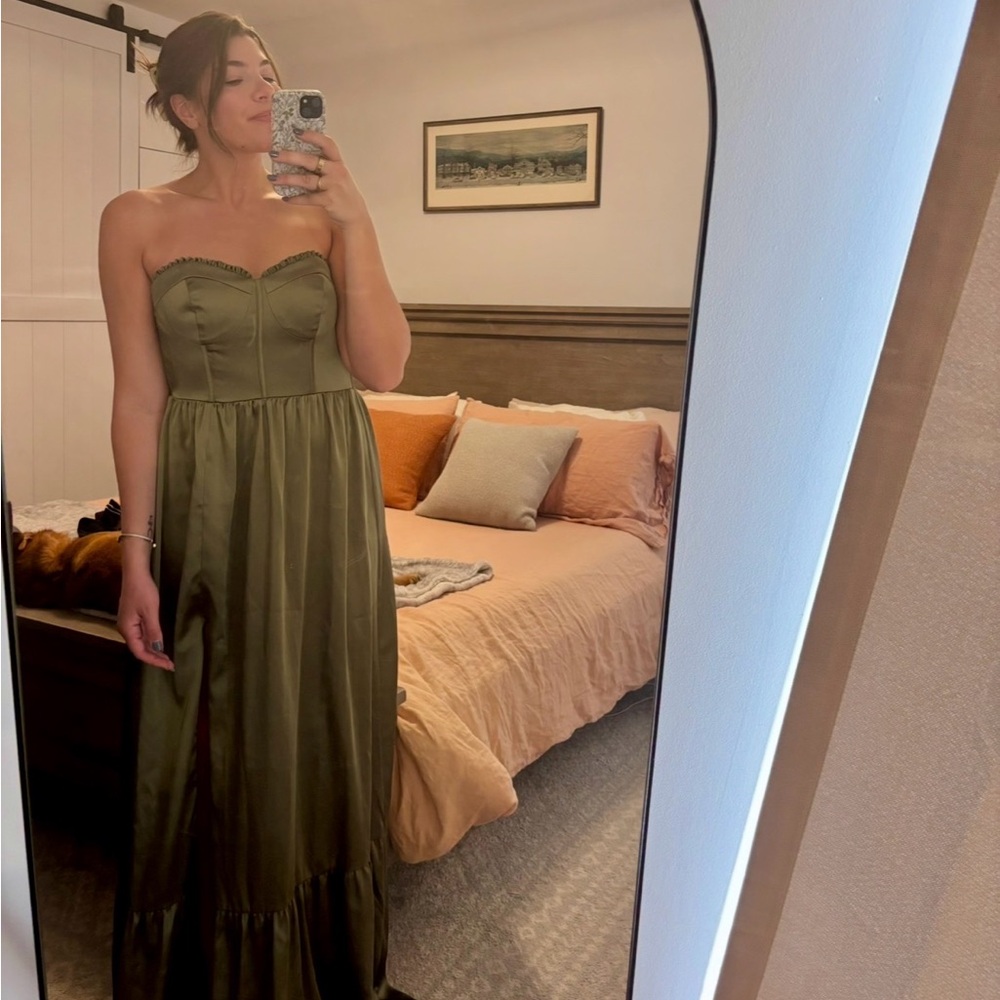 Revelry Strapless Satin Maxi Dress (Taupe)